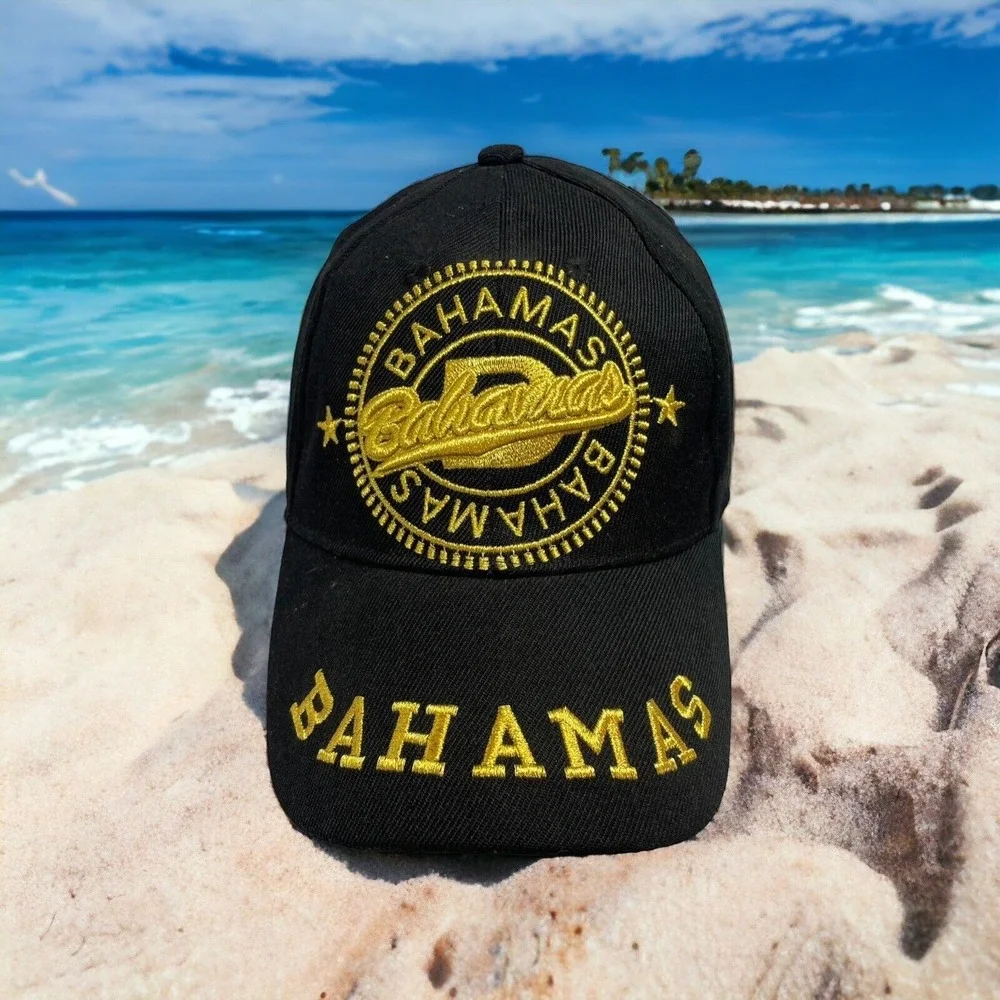 Bahamas Souvenir Baseball Cap Black Gold Embroidered Adjustable Hat Travel Gift